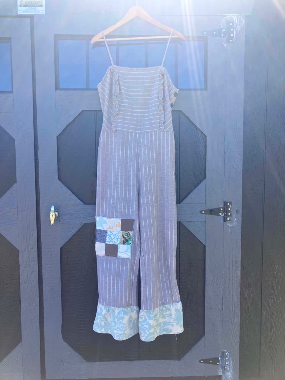 One-of-a-Kind Reworked Jumpsuit with Patch & Ruffle Hem - Picture 3 of 5